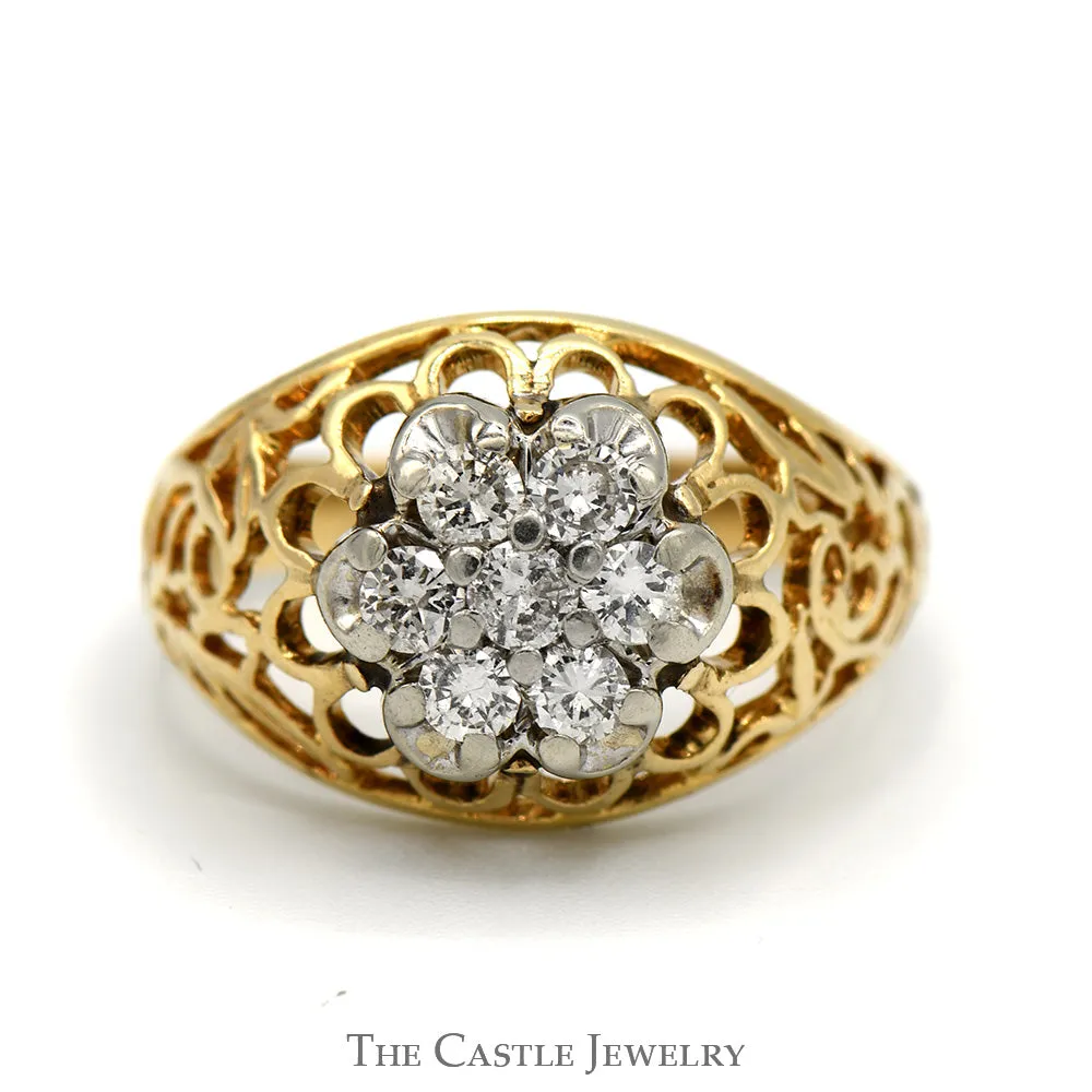 1/2cttw 7 Stone Kentucky Diamond Cluster Ring with Filigree Sides in 14k Yellow Gold