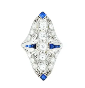 1930's Art Deco Sapphire Diamond Platinum Navette Dinner Ring