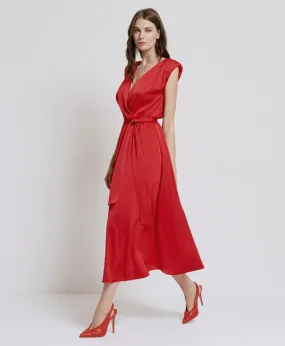 Access Fashion Red Satin Dress With Tie Belt