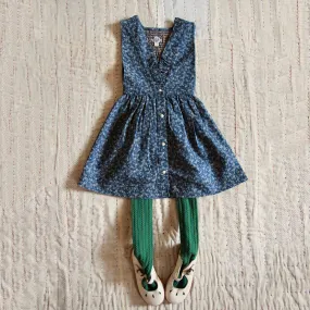 Apron Dress in Blue Denim Flowers by Bonjour