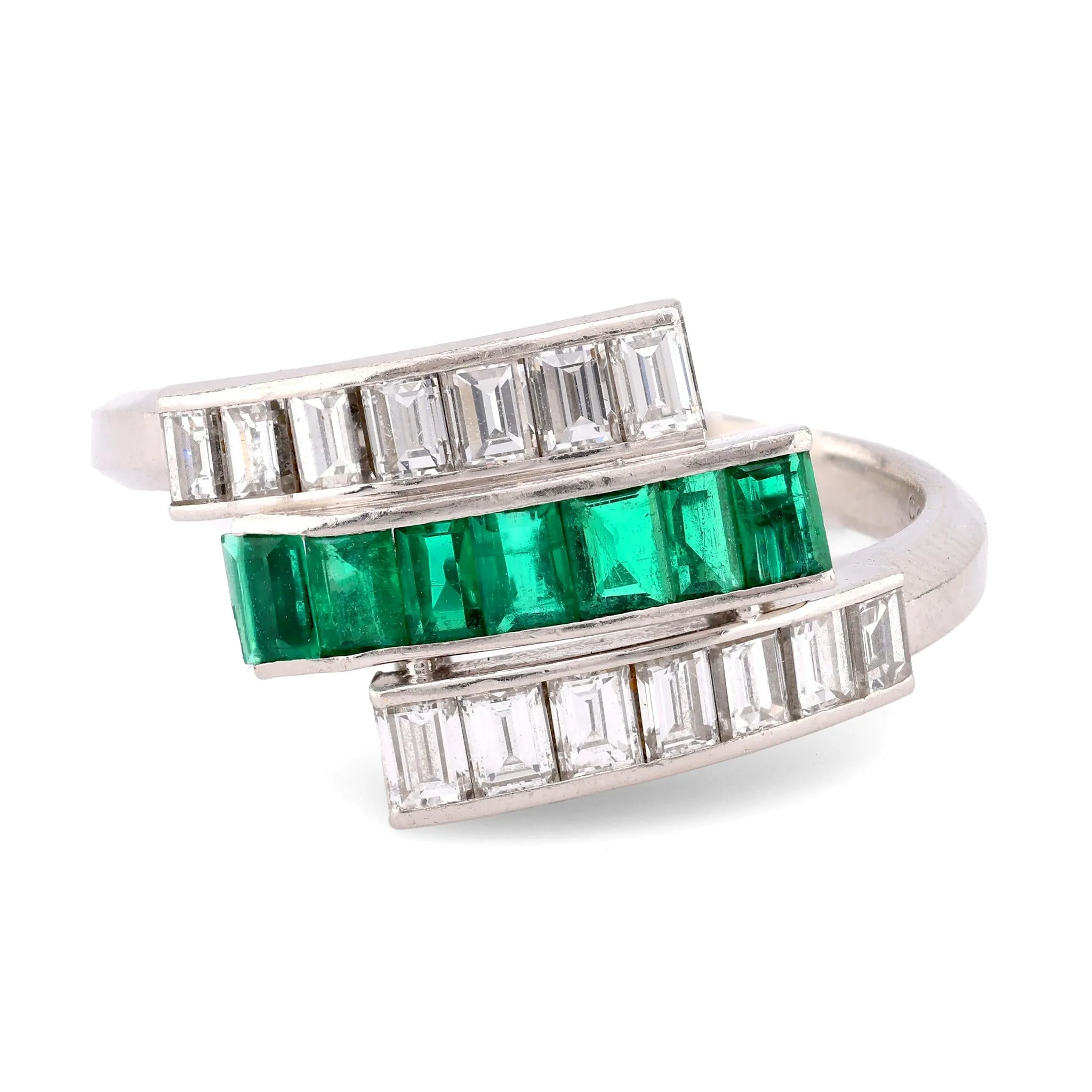 Art Deco Style Emerald Diamond Platinum Bypass Ring