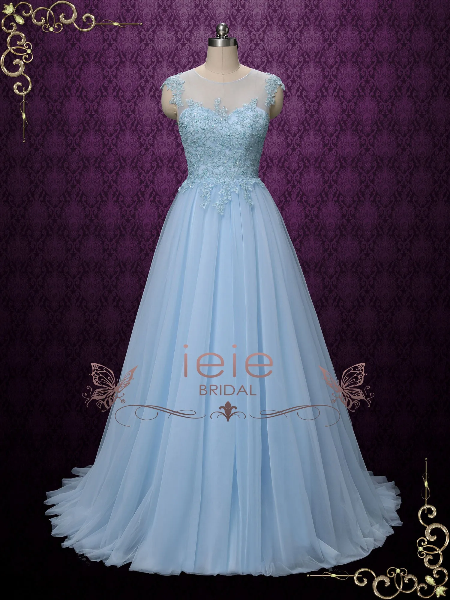 Blue Lace Wedding Formal Dress with Illusion Lack Back | KAY