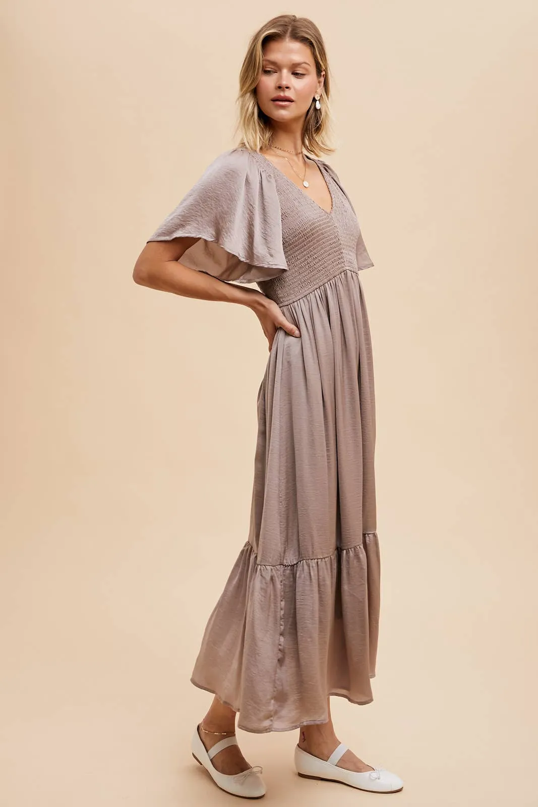 Cashmere Smocked Washed Satin Midi Dress