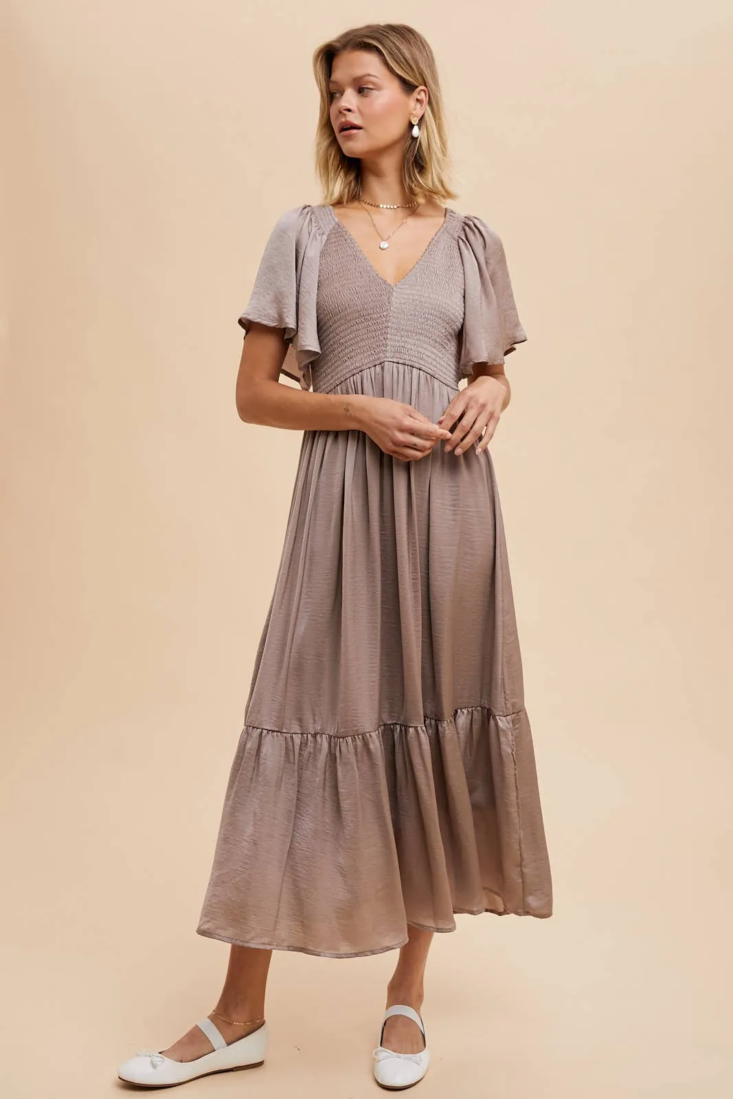 Cashmere Smocked Washed Satin Midi Dress