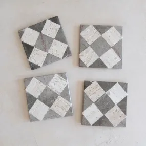 Checkered Marble and Travertine Coaster Set