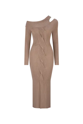 CURAAE Amara One Shoulder Asymmetrical Dress Knit Braided Dress In Tan