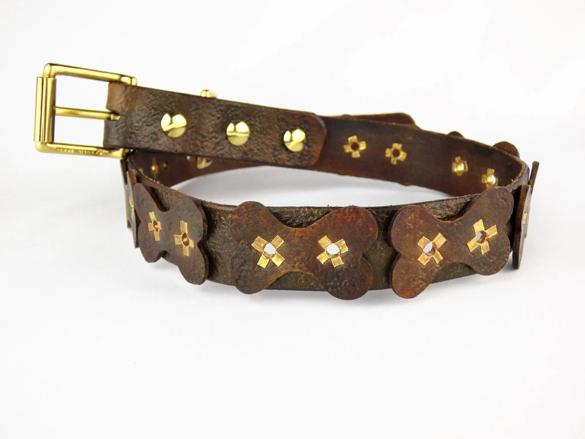 Durable Leather Pet 1 1/8" Width Collar with Dog Bones Motif