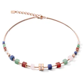 GeoCUBE Big Cube Crystals Pave, Gemstones & Stainless Steel Rose Gold Necklace