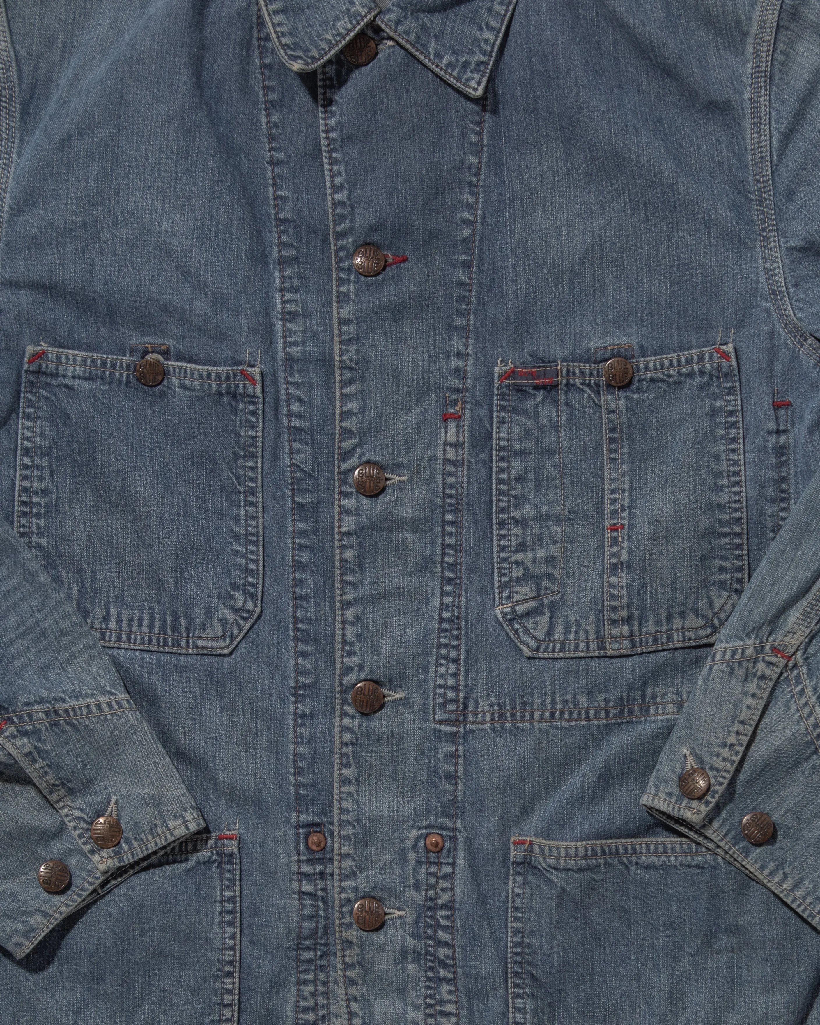 Japanese Repro Chore Coat, Blue Blue Brand, Washed Denim with Red Bar Tacks