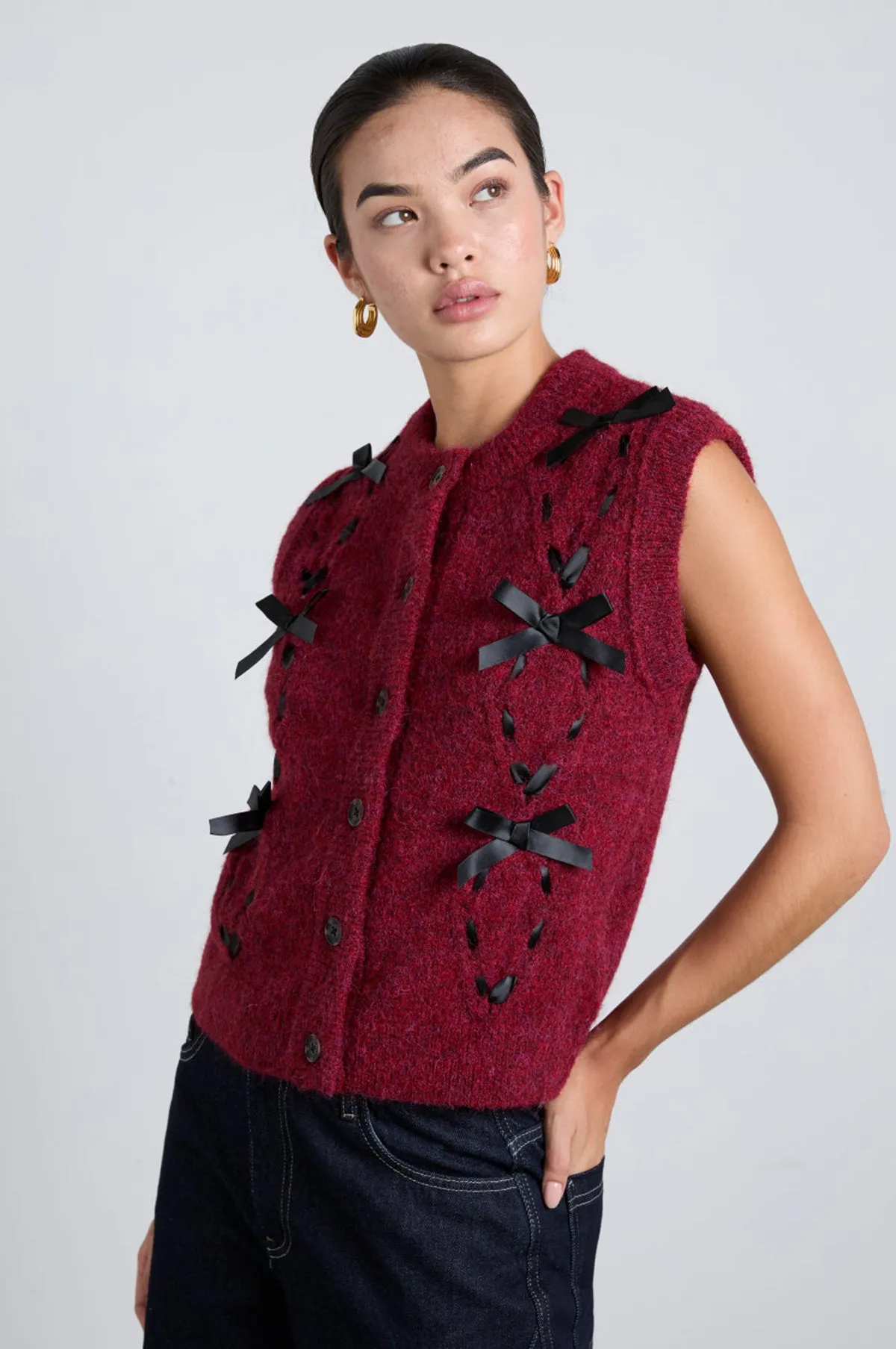 Kimmy Knit Vest with Bows Burgundy Cable