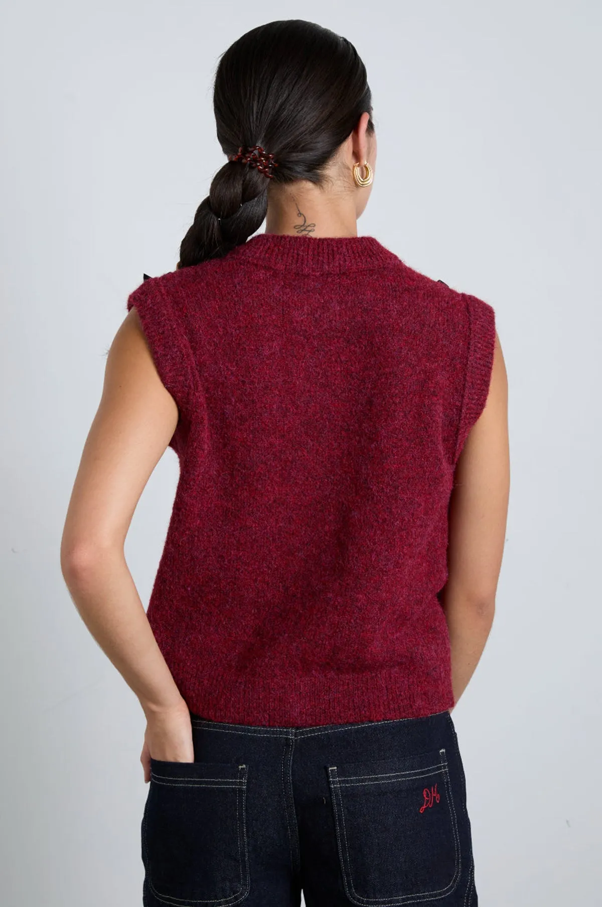 Kimmy Knit Vest with Bows Burgundy Cable