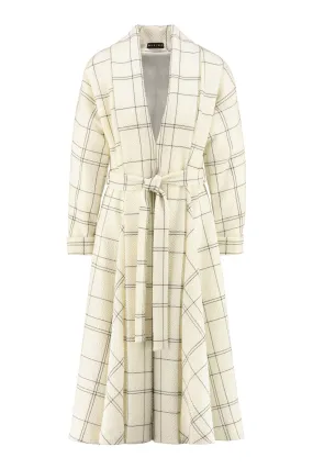 LINARIA IVORY PLAID WOOL SEERSUCKER KIMONO CUT COAT DRESS