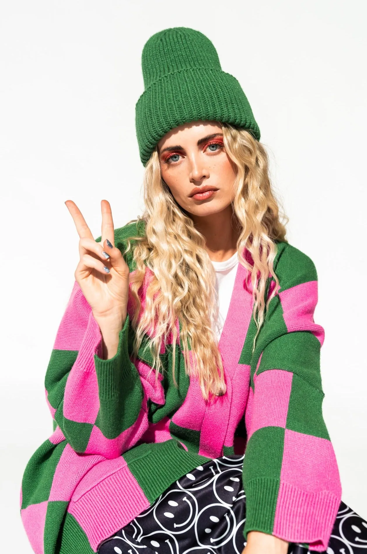 Love You Oversized Checkerboard Cardigan in Watermelon