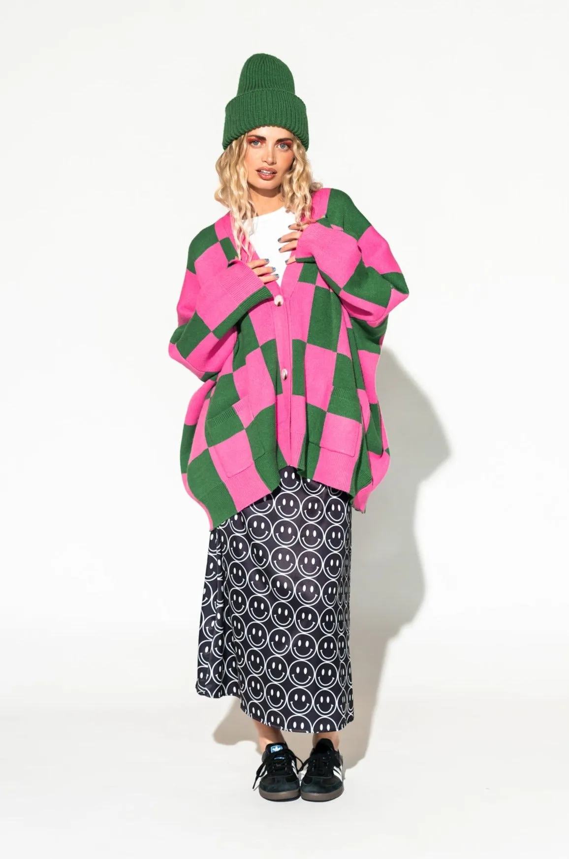 Love You Oversized Checkerboard Cardigan in Watermelon