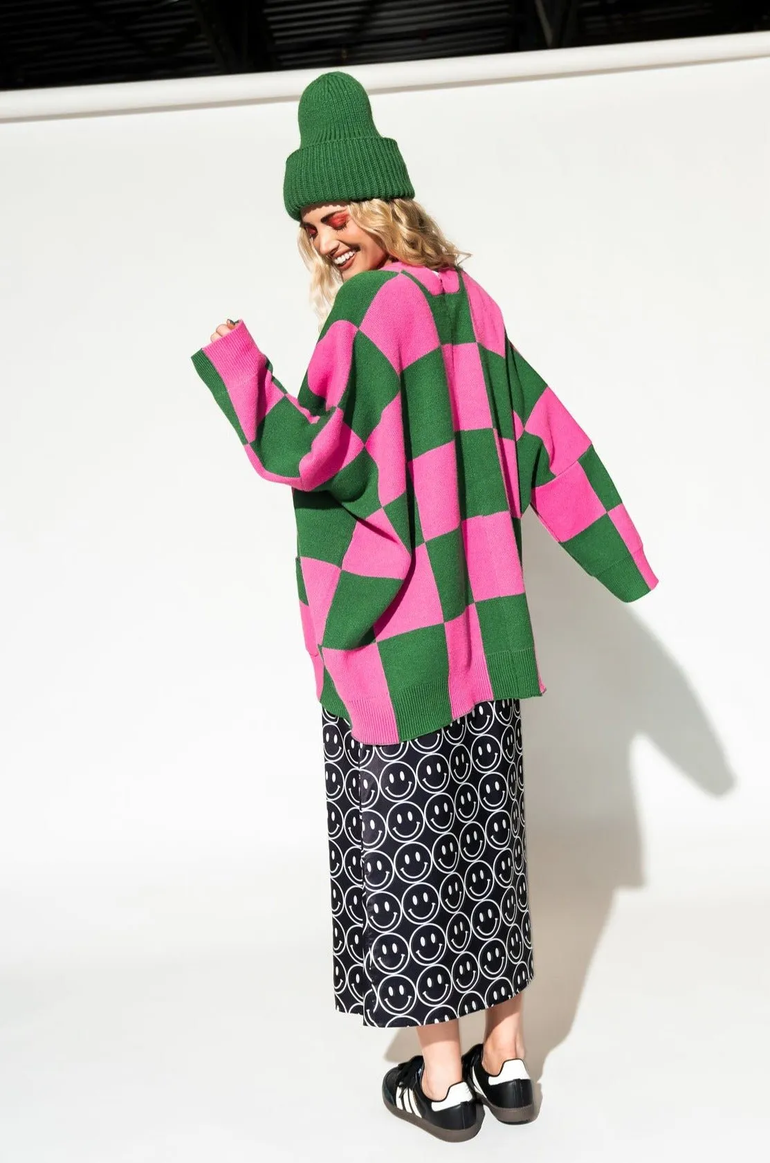 Love You Oversized Checkerboard Cardigan in Watermelon