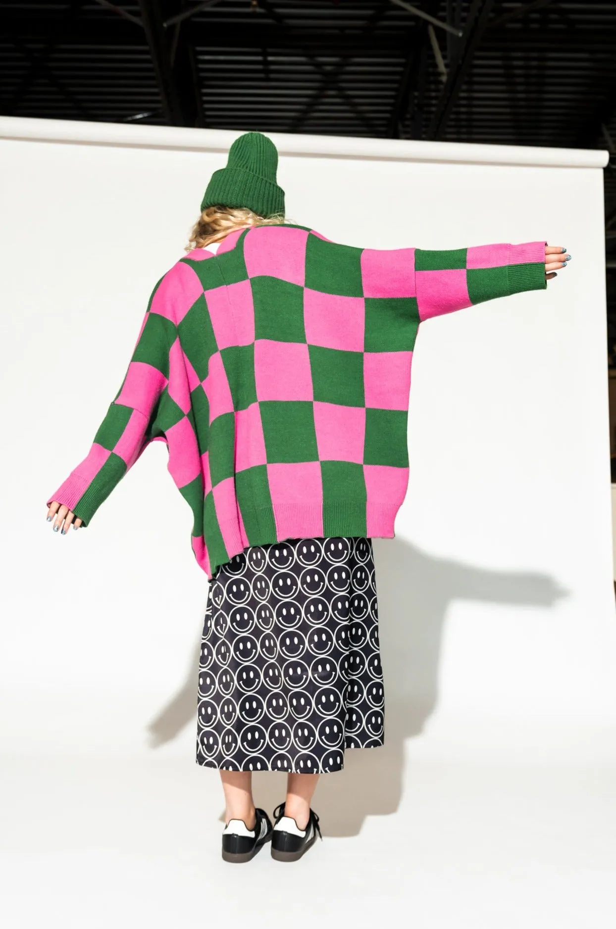 Love You Oversized Checkerboard Cardigan in Watermelon