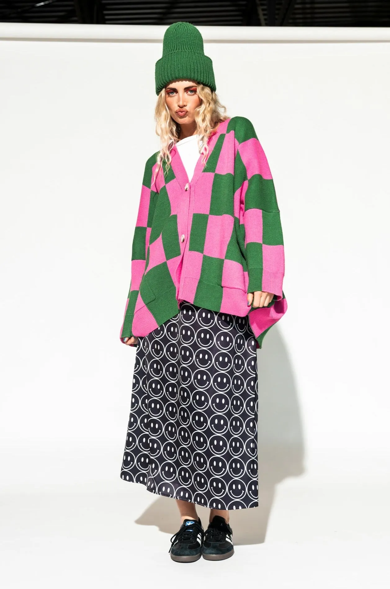 Love You Oversized Checkerboard Cardigan in Watermelon