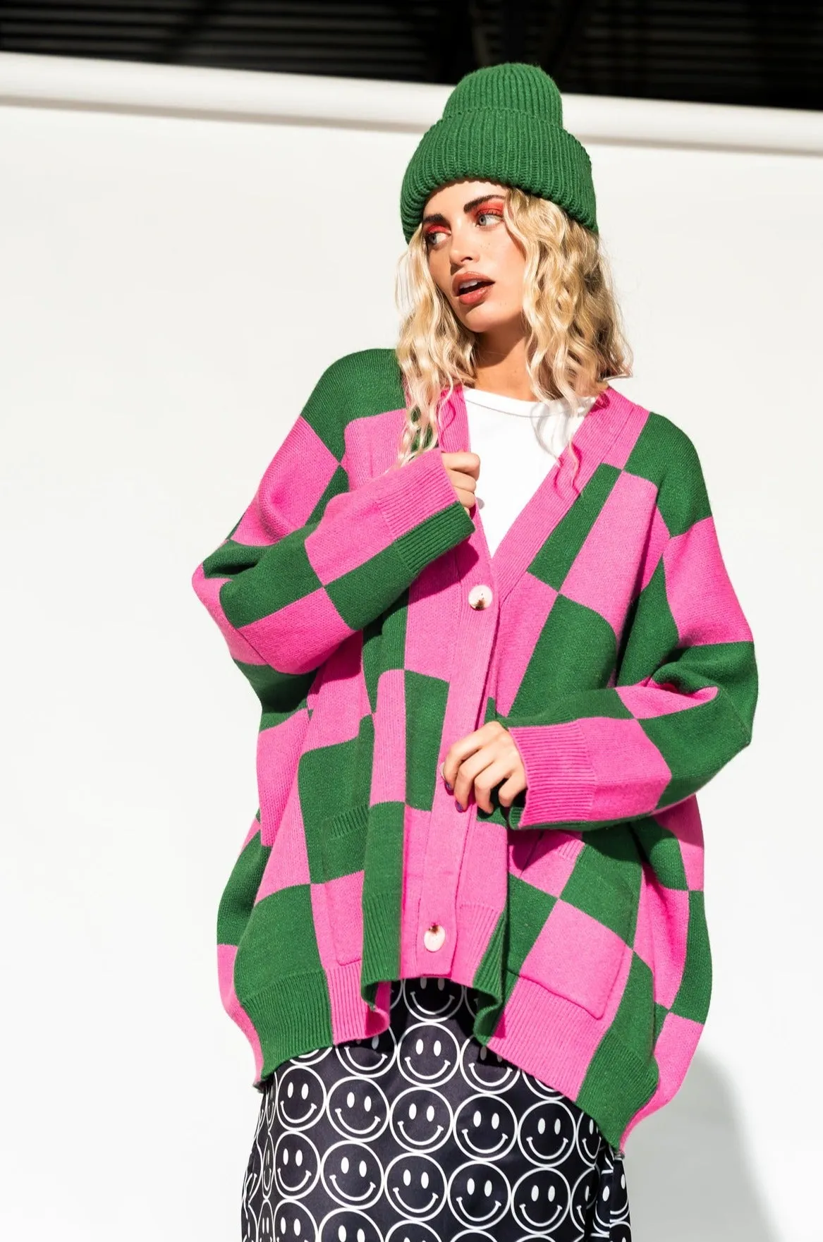 Love You Oversized Checkerboard Cardigan in Watermelon