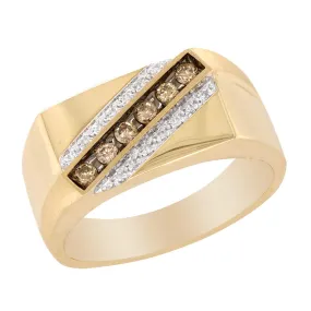 MEN'S YELLOW GOLD FASHION RING WITH 3 ROWS OF DIAMONDS, 1/4 CT TW